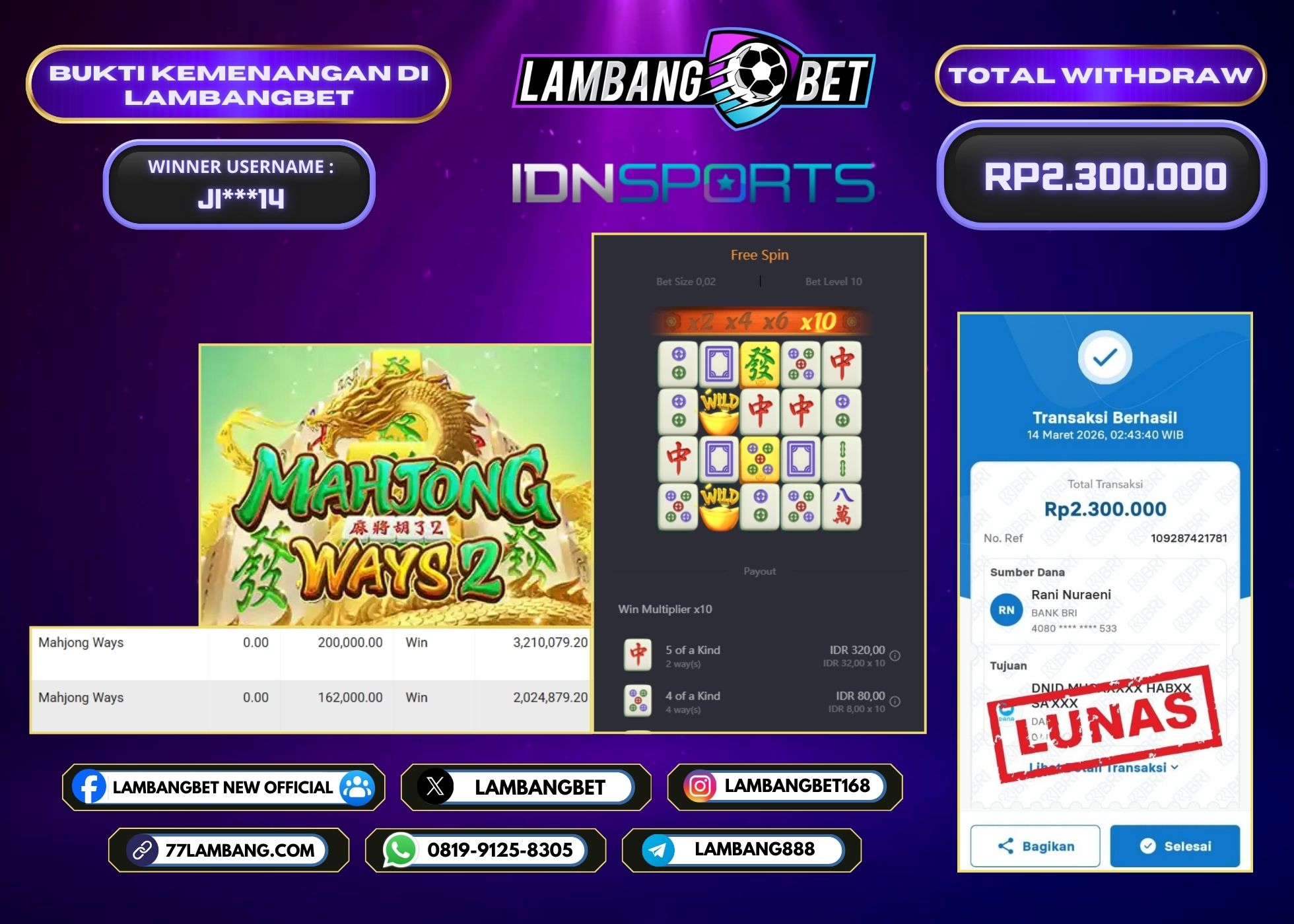 LAMBANGBET [14 MARET 2026] JACKPOT SLOT Mahjong Ways "Rp2.300.000" LUNAS